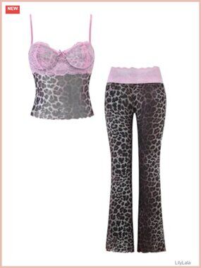 Y2K Leopard Lace Crop Cami & Flare Pants Rave Party Set